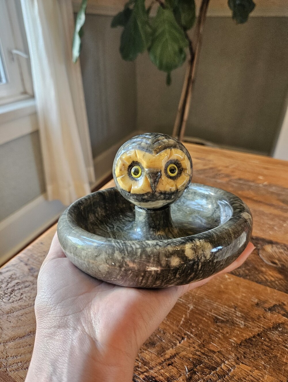 Vintage Italian Hand Carved Alabaster Owl Head Cigar Ashtray By Noymer (1960s)